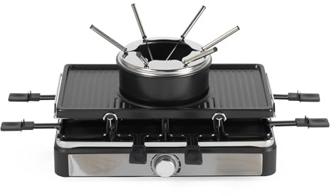 Salter Parrilla Eléctrica Raclette & Fondue - Parrilla Interior 2 en 1, Olla para Derretir de 1,3L, Fondue de Queso, 6 Tenedores, Temperatura Ajustable, 8 Sartenes y Espátulas Antiadherentes, 1400W
