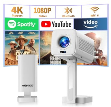 Mini Projector Supports 4K 1080P, Portable Projector with Auto Focus & Keystone und 90° Drehbarkeit, Smart Projector with WiFi 6 and Bluetooth 5.4 Compatible with HDMI/TV Stick/Laptop - Weiß