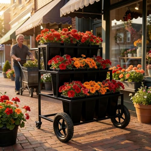 VITNSVILE Mobile Metal Flower Plant Stand, 360° Rolling Flower Display Stand for Indoor Outdoor, Space Saving Flower Bar Stand for Patio, Garden Event White, Black, Gold (Black L33.4*W31.4*H*40.5in)