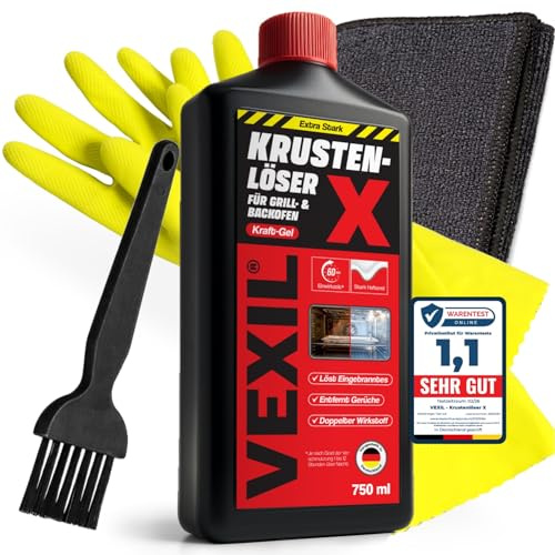 VEXIL Backofenreiniger EXTRA STARK + Pinsel + Tuch + Handschuhe – Doppelter Wirkstoff gegen Eingebranntes – hochkonzentriertes Haftgel – Grillreiniger & Fettlöser – 750 ml – Made in Germany