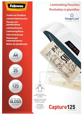 Fellowes lamineringsfolier A4 ImageLast, 125 mikron (2 x 125 mikron), 25 stycken, transparent med orienteringshjälp. Perfekt för foton och informationsvarningar med optimal kontrast