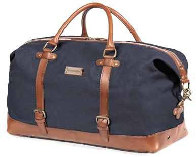DRAKENSBERG Weekender 'Owen' - Canvas Reisetasche Herren und Damen mit Leder, Vintage, erweiterbar, 40L - Marine-Blau, DR00150