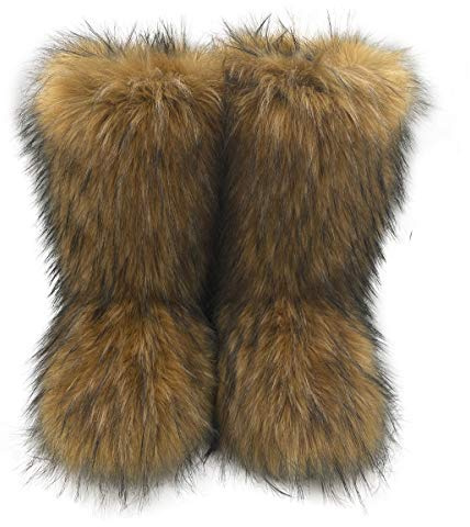 ZOSCGJMY Faux Fur Boots for Women Fuzzy Fluffy Furry Round Toe Suede Winter Snow Boots Flat Shoes Brown 11