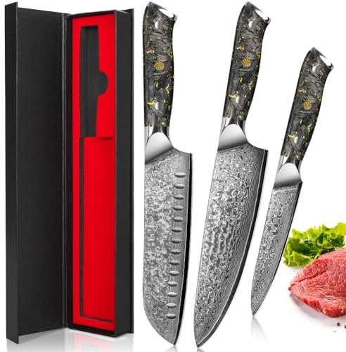 Home Safety Damascus Knife Set 3 PCS I Professional Univeral Chef's Santoku Knife I Damascus Kitchen Knife I 67 Layers of VG-10 Damascus Steel I Kitchen Cooking Knife, Gift Box
