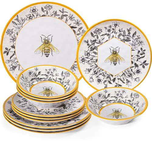 LEHAHA Honeycomb Bee Sweet 12-Piece Melamine Dinnerware Set,Melamine Dishes Set of 4, Lightweight and Unbreakable Garden Floral Dinner Plates and Side plates and All-purpose Bowls Set