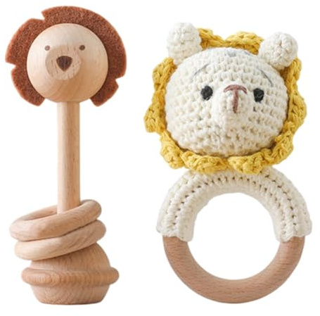 2 st Greifringe Baby Baby Gehäkelt, Baby Holz gehäkelte Handmade Rassel Greifling Baby Rassel Beißring Holz Babyrassel Greifling Spielzeug Häkel Rassel med Holz Ring