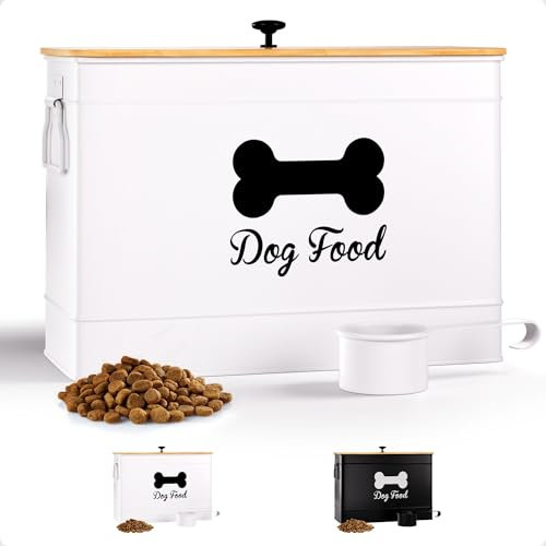 Dog Food Container Airtight 15-20 lb (70 Cup) Capacity with Metal Scoop - Cute Airtight Dog Food Storage Container with Bamboo Lid - White Metal Kibble Storage Bin for Dogs up to 100 lbs - Big Pet Jar