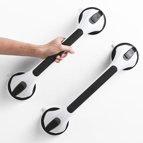 LEVERLOC Succion Poignée Ventouse Lot de 2, 43 CM Douche Barre d'appui pour Baignoire, 110 KG Poignées de Sécurité pour Salle De Bain, Seniors, Personnes Âgées, Barre de Maintien Amovible, Noir