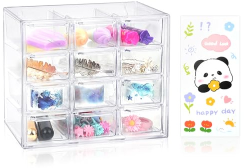 Mini Clear Storage Drawers, Desk Storage Organizer with 12 Drawers, Plastic Desktop Craft Storage Box with Sticker for Makeup Jewelry Bathroom Craft Supplies Stationary(12 Drawers)