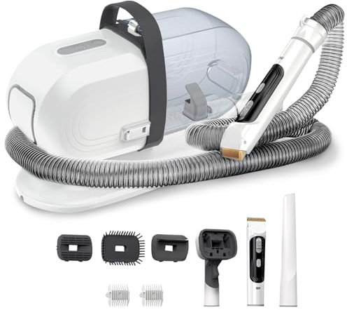 Kit Toelettatura 3in1 per Cani e Gatti - Spazzola, Tosatrice e Aspirapeli – 3 Velocità 350W - Serbatoio 2L e Tubo 1,6m - Toelettatura Completa per Pelo Lungo e Corto - 22x32x13cm