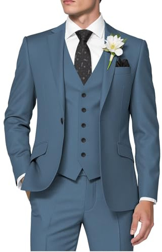HUUTOE Traje de 3 piezas ajustado para hombre con blazer, chaleco y pantalón de esmoquin, para el verano, boda, baile de fin de año, negocios, gris/azul, L