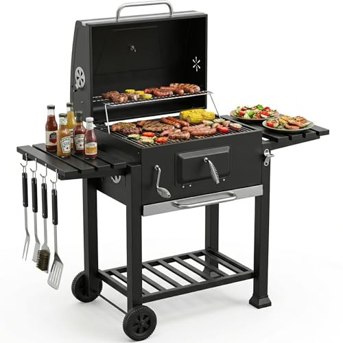 Barbecue Grill, Outdoor XXL Portable Charcoal BBQ Smoker with 2 Foldable Side Tables, Built-in Thermometer, Adjustable Charcoal Pan, Wheels, Warming Rack for Outdoor Home Garden Party Patio Cooking