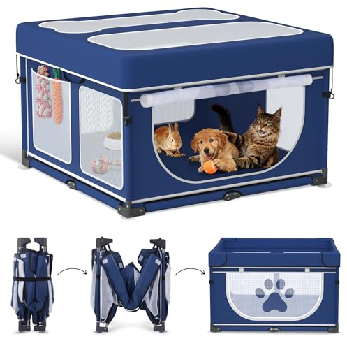 LOOBANI Foldable Dog Playpen with Cover: 1 Min Setup Pet Puppy Playpen Indoor, Sturdy Reinforced Steel/Iron Frame Dog Fence, Portable Whelping Box for Home Dog Cat Rabbit-43.3x43.3x27.1│Patented