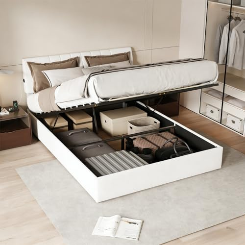 JiaOyu Letto imbottito 160 x 200 cm, Letto contenitore idraulico con stazione di ricarica USB, letto matrimoniale con rete a doghe e testiera imbottita, letto per ragazze e ragazzi, senza materasso