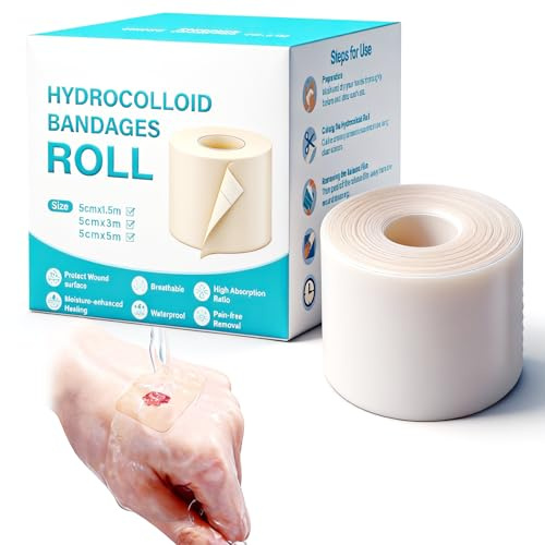 Hydrocolloid Roll, 5cmx500cm Cerotti Idrocolloidali Impermeabili, Rullo Idrocolloide, Ritagliabile su Misura da Tagli, Cerotti Traspiranti per Ustioni, Vesciche, Cura Dell'acne