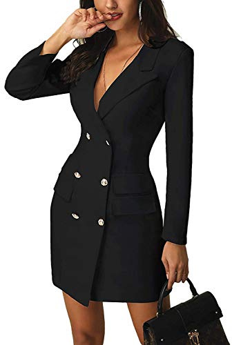 Carolilly Robe Blazer Femme Sexy Chic Robe Double Boutonnage Moulante à Manches Longues Col V Tailleur Longue