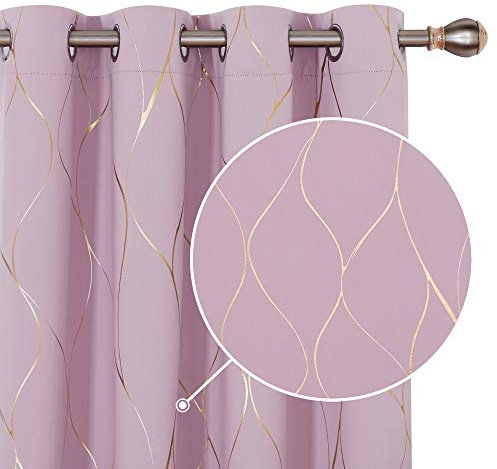 Deconovo Blackout Curtains, Ring Top Curtains, Home Decoration Eyelet Thermal Insulated Curtains, Gold Wave Foil Printed for Girls Bedroom, 52 x 90 Inch (Width x Length), Baby Pink, One Pair