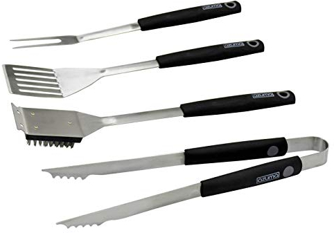 Azuma 4 Pc Extra Thick Stainless Steel Grill Tool Set for Men, Heavy Duty Grilling Accessory Kit for Backyard, BBQ Utensils Gift Set with serrated tongs, meat fork, slotted turner and brush