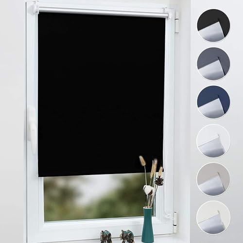 Grandekor Verdunklungsrollo ohne Bohren Schwarz 105x130cm(Stoffbreite 101cm) Rollos für Fenster ohne Bohren & mit Bohren,Verdunkelungsrollo Thermorollo Klemmrollo Fensterrollo verdunkelung