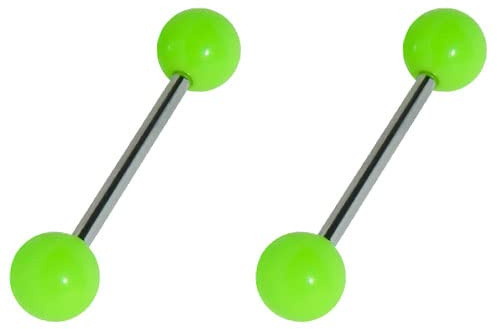Tienda GLE2227Z2a - Piercing per lingua, fosforescenti, in acrilico plastico, 16 mm di lunghezza e 1,6 mm di spessore, sfere da 6 mm, colore: Argento, acciaio chirurgico