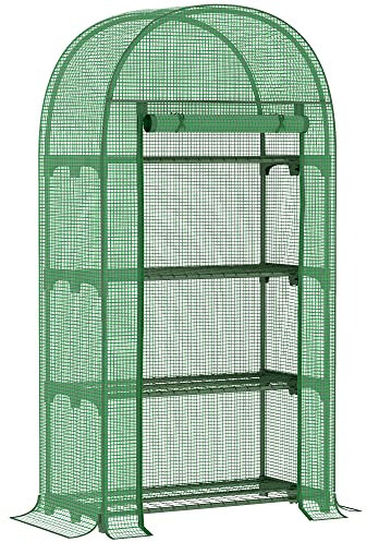 Outsunny 4 Tier Mini Greenhouse for Outdoor, Portable Gardening Plant Green House with Storage Shelf, Roll-Up Zipped Door, Metal Frame and PE Cover, 80 x 49 x 160cm, Green