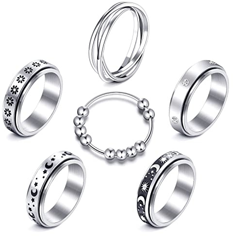MUCAL Fidget ringar för ångest 8 st rostfritt stål spinner ring anti-ångestring snurrande måne stjärna cool stressavlastande ringar för kvinnor män