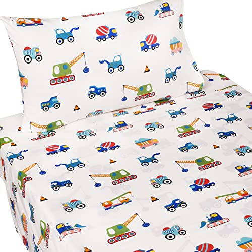 J-pinno Build Construction Engineering Vehicle Cars Trucks Crane Digger Cartoon 100% Cotton Twin 3 Pieces Sheet Set Decoration Kids Boys Children Flat Sheet + Fitted Sheet + Pillowcase Bedding Set