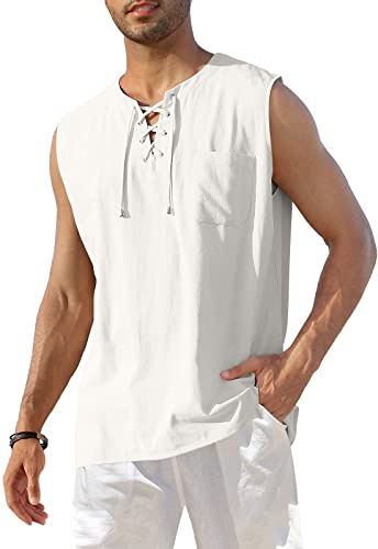 KUYIGO Men's Vintage Fashion Cotton Linen Tank Top XXL White