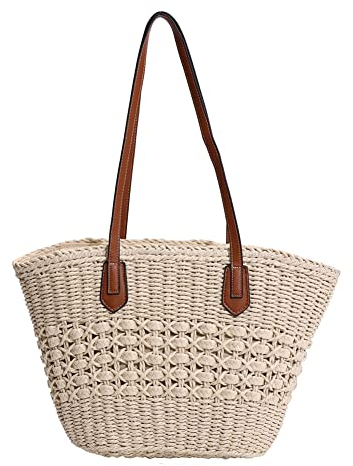TIAASTAP Stroh Handtasche Damen, Sommer Strandtasche Stroh Korbtasche Geflochten Strohtaschen Damen Basttasche mit Reißverschluss und Leder Schultergurt für Einkauf Strand Reise, Beige