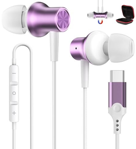 ACOCOBUY Ecouteurs USB C pour Samsung S25 A16 A55 A35 A36 A56 S24 S23 Écouteurs USB Type C Filaire Casque Intra Auriculaire Magnétique avec Micro pour iPhone 16e 16 15 Pixel 9 8a 7 POCO X7 Pro Violet