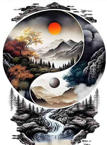 MXJSUA Paysage DIY Diamant Painting Kit, Tai Chi 5D Dessin Art du Diamant Complet Kits, Soleil Lune Diamond Art Kits Strass Point de Croix Painting pour Adultes Débutants Maison Décor 30X40cm