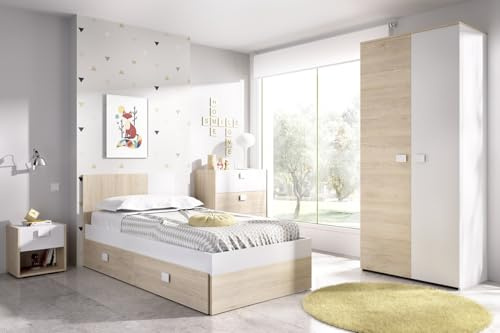 PEGANE Ensemble Chambre à Coucher complète (lit Adulte 190x90 cm avec 1 tiroir + Table de Chevet + Armoire + Commode) Coloris Blanc, chêne Naturel
