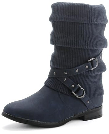 Pogolino Botines de mujer botas planas de punto botas forradas, azul oscuro, 37 EU