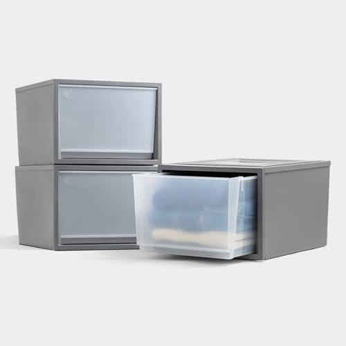 Iris Ohyama, Cassetti in plastica impilabili per vestiti, maglioni, 40L, set di 3, grandi, grigio scuro, cassetto facile da aprire, per armadio, camera da letto, senza BPA, organizzatore, BC-NS-500D