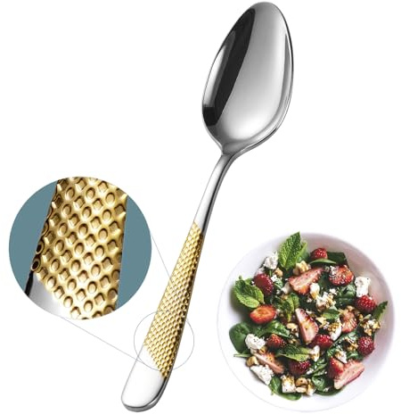 Xideman® 12-delar premium hamrade efterrättsskedar (17 cm), 18/10 rostfritt stål bordsskedar set, användbara medelstora matskedar bestick för hem, kök, restaurang, diskmaskinssäker (silverguld)