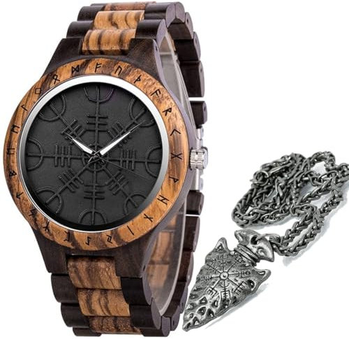 ZFSBRTL Herren Holzuhr, Wikinger Symbol Helm der Ehrfurcht Nordic Rune Vegvisir Handgefertigte Geometrische Kreative Quarzuhren Verstellbares Runenkreis Armband,Mixed Color