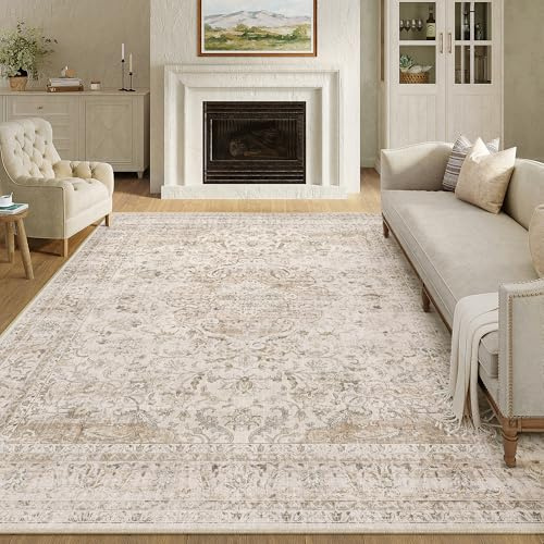 HUGEAR Waschbarer Beige Vintage Teppich Wohnzimmer 240x300cm Retro Rugs for Living Room Weich rutschfest Groß Tepich Kurzflor Schlafzimmer Carpet Living Room Bedroom Esszimmer Teppiche Büro