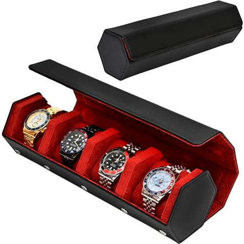MGZKV Leather Watch Roll for 4 Watches - Velvet-Lined Travel Case, Luxury Watch Rolls Organizer with Storage & Display for Men (4 Slot-Black/Red)