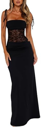 Dxizeavatt Women Sexy Lace Long Corset Dresses Spaghetti Sleeveless Splicing Bodycon Club Party Evening Black M
