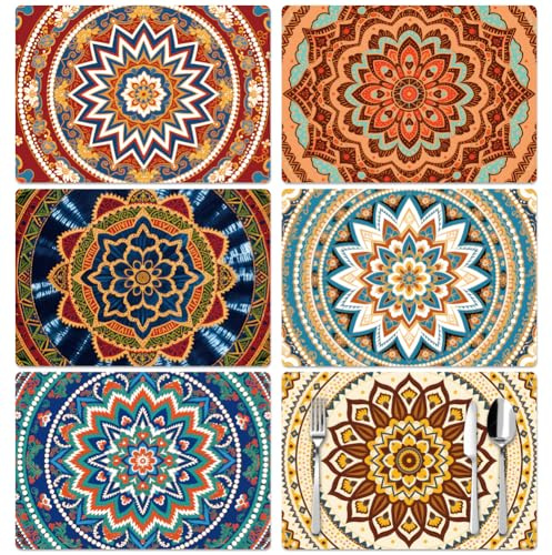 Peacoblue Mandala and Bohemian Pattern Placemats Set of 6,12x17 Waterproof Washable Table Place Mats for Indoor Outdoor Farmhouse Party Kitchen Dining Table Decoration