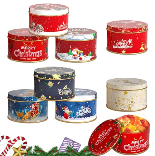 Juego de 8 minilatas de galletas navideñas, paquete de regalo de Navidad, para manualidades, dulces, especias, caja de cupones vacía, mini lata de metal para Navidad, embalaje de galletas, dulces