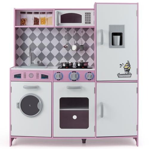 COSTWAY Kids Wooden Kitchen, Pretend Play Kitchen with Light, Sound, Ice Maker, Washing Machine, Oven, Microwave & Utensils, Large Children Chef Role Playset for Boys Girls (Pink+White)