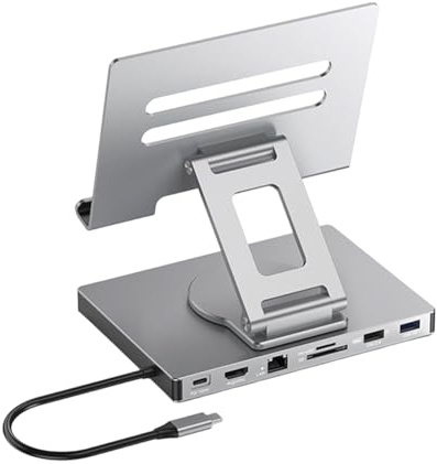 Estación de acoplamiento giratoria tipo C con soporte plegable PD100W de carga Gigabit Ethernet de 3,5 mm para portátiles, tabletas, estación de acoplamiento de aleación de aluminio para laptop