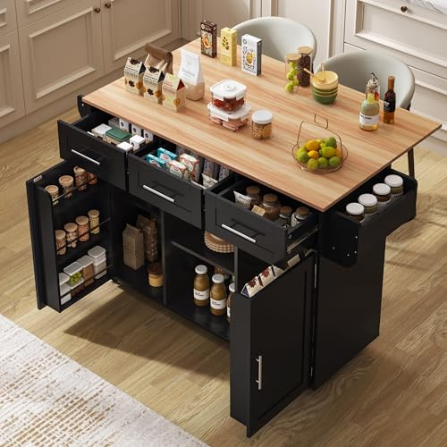 Oslghy Isla De Cocina Móvil con Ruedas, Carro de Cocina con Mesa de Comedor Extensible, Mueble Auxiliar de Cocina con Estantes Ajustables, Estante para Especias y 3 Cajones,139x 46-71x91,5cm (Negro)