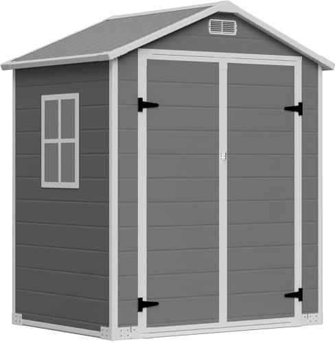 LARBANKE Caseta de jardín resistente a la intemperie, 4,11 m³, plástico, 183 × 143 × 201 cm, caseta con suelo y techo, cobertizo con puerta con cerradura, ventilación, ventana y rampa, para jardín