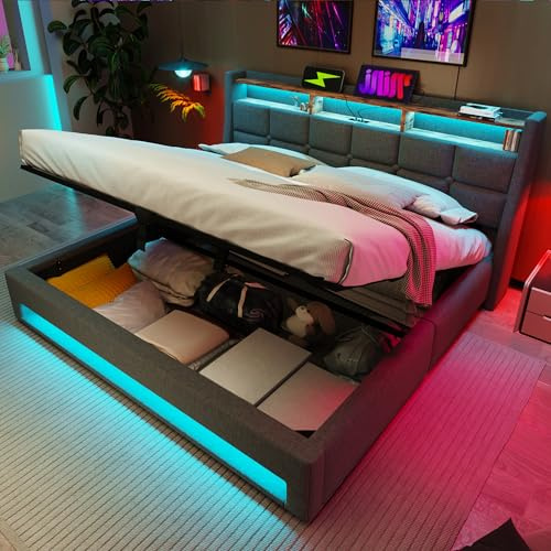 Super King Size Ottoman Bed with Hydraulic Lever & LED Storage Headboard,6ft Upholstered Platform Bed Frame with LED Lighting & USB Charging,Gas Lift Up Fabric Storage Bed with Slats,Grey,No Mattress