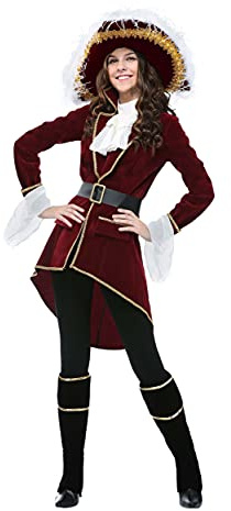 Adult Captain Hook Fancy Dress Costume Womens, Neverland Fancy Maroon Pirate Halloween Outfit Medium