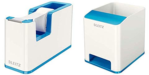 Leitz, Klebeband-Tischabroller, Fester Stand, Inkl. Kleberollen, Weiß/Metallic Blau, WOW, 53641036 & 53631036 Sound Stifteköcher (Soundverstärkungsfunktion, WOW) weiß/metallic blau