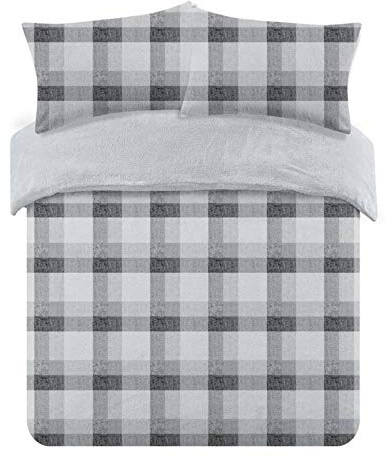 Dreamscene Check Teddy Duvet Cover with Pillowcase Super Soft Fleece Fluffy Winter Tartan Bedding Set, Grey Silver Charcoal - Double