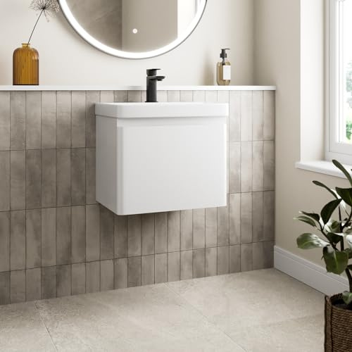 Affine® 500mm Vanity Unit Wash Basin Sink Bathroom Wall Mounted Storage Cabinet Cupboard Cloakroom, Soft Close Drawer, White Gloss